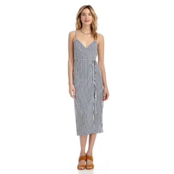 Wayf Dresses & Skirts - Wayf Pinstripe Genuine Wrap Midi Sleeveless Dress Size XS